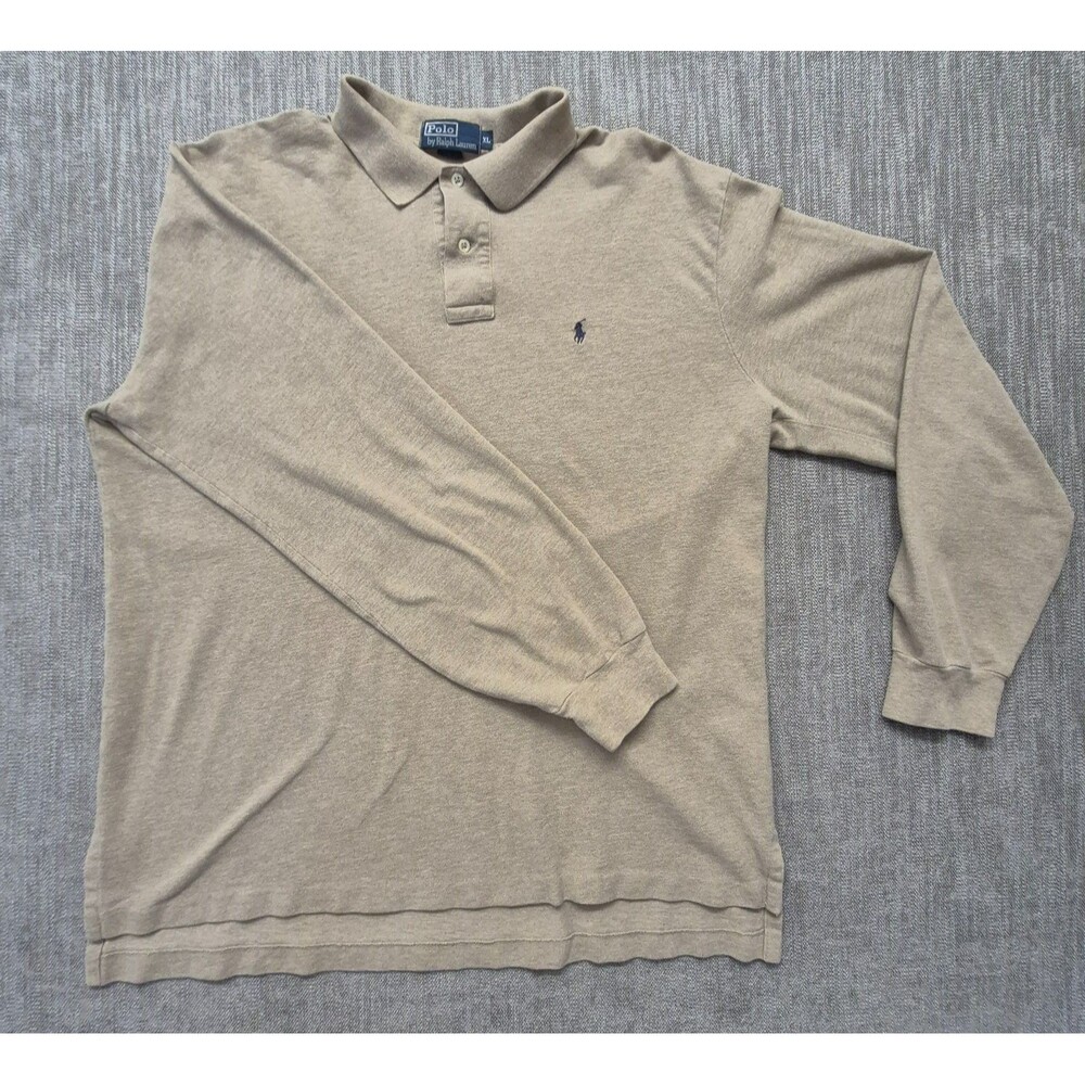 Polo Ralph Lauren Men's Tan Long Sleeve Polo Shirt XL Blue Pony Logo 100% Cotton
